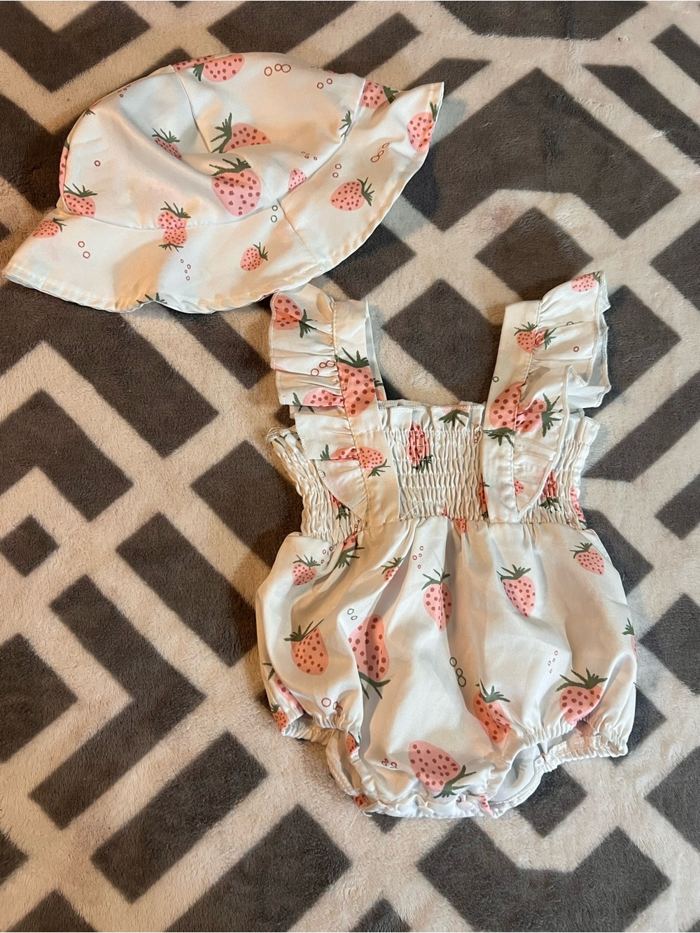 White Strawberry-Print Ruffled Baby Romper with Sun Hat